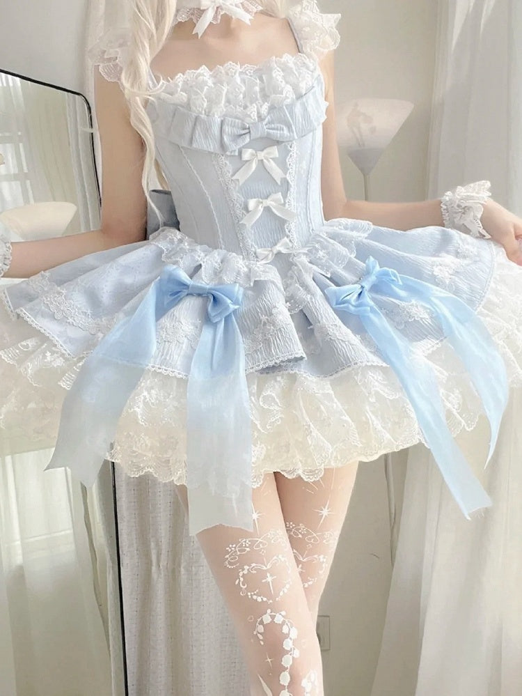 Bows Lolita Detachable Dress Boned with Blue Balletcore Waist