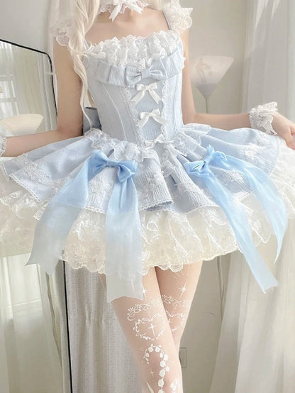 Bows Lolita Detachable Dress Boned with Blue Balletcore Waist