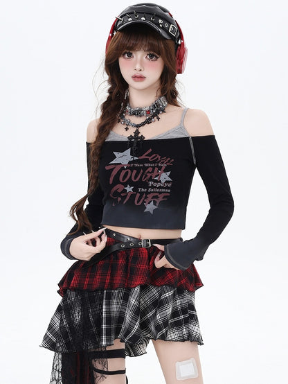 Y2K Schwarze Buchstaben Fake Zweiteiliges Design Cropped Top