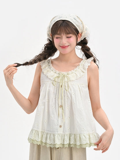 Tanktop mit Ausschnitt, zum Selbstbinden, flatternde Ärmel, gestuft am Träger, grün mit Rüschen, Cutton