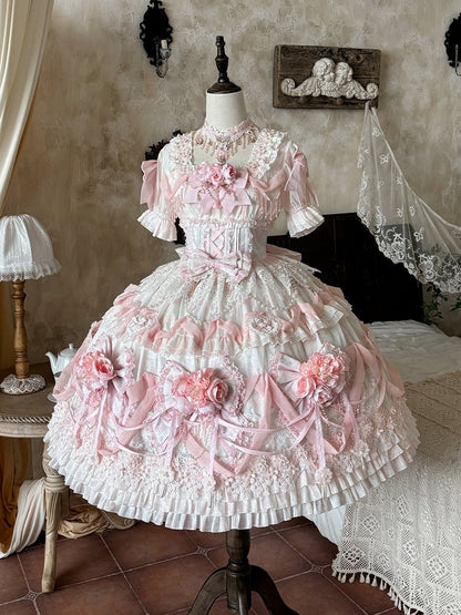 Rose Hanayome Lolita Hime Gown with Detachable Sleeves, Flower Bows and Pearl Chains - sedef
