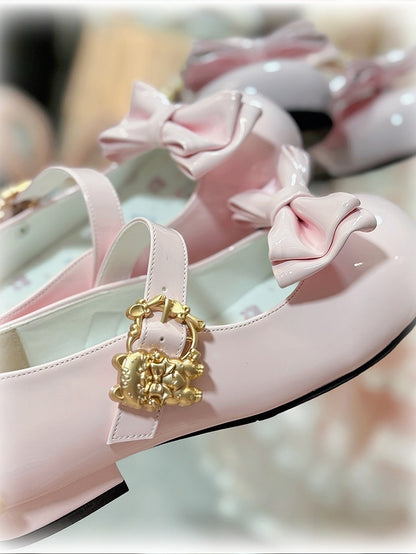 Low-heel Bow Round Lolita Toe Buckle Detail Adorable Shoes with Decor Mary Pink Cat Janes -