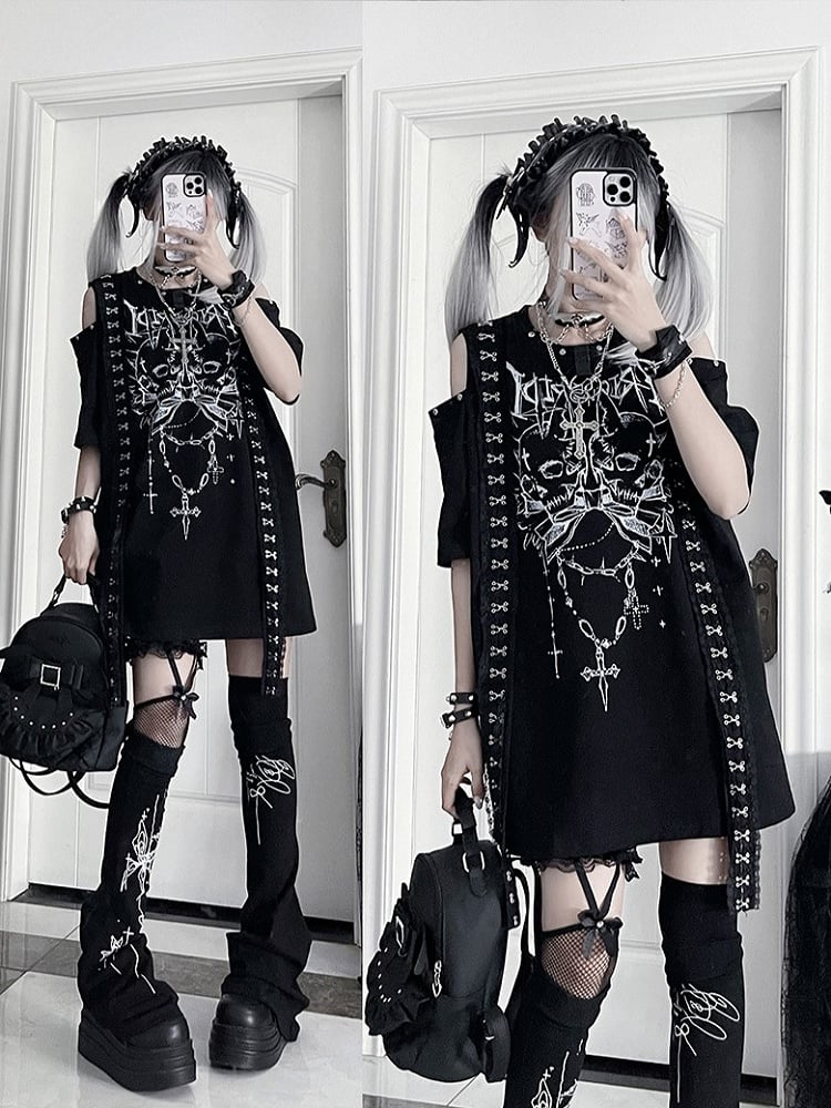 PrintCutout Punk T-shirtwith Emo Cross Black White Design Gothic Shoulder
