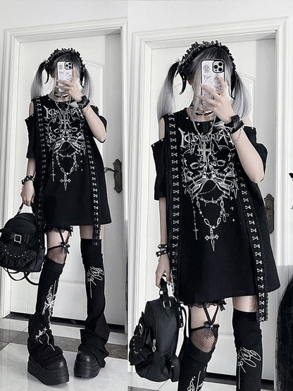 PrintCutout Punk T-shirtwith Emo Cross Black White Design Gothic Shoulder