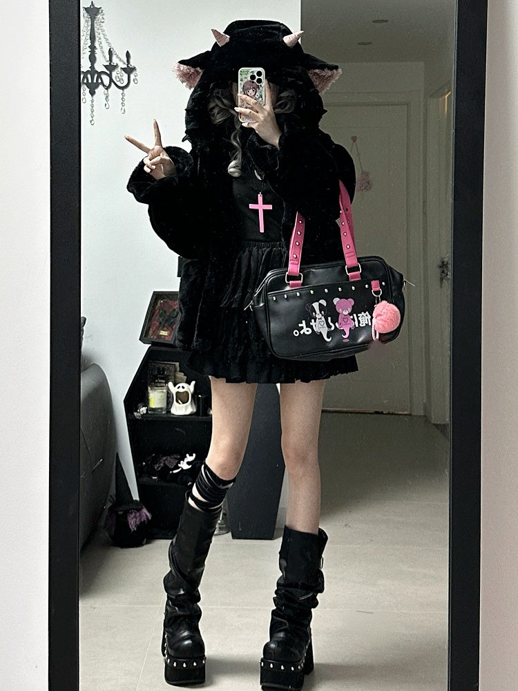 黒のキュートなラムの耳付きフード付き冬用着心地の良いプラッシュコート