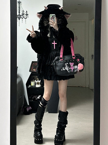 黒のキュートなラムの耳付きフード付き冬用着心地の良いプラッシュコート