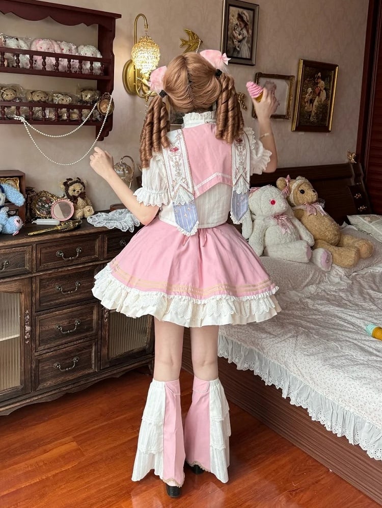 Buttons Gold-Tone Lace Trim Skirt Pink with and Waist High Lolita