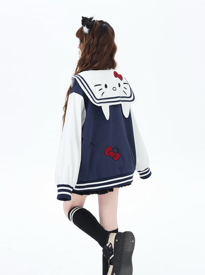 Navy Blue/Gray Sailor Collar Kitty Embroidered Baseball Jacket