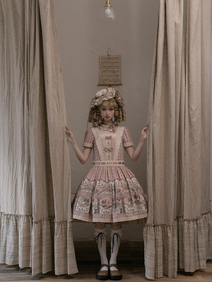 Dress Bear Neckline Pink Print Dropped Lolita Sweet Waist Ruffle
