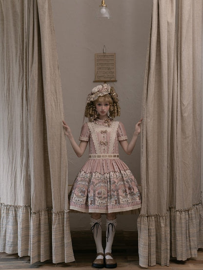 Dress Bear Neckline Pink Print Dropped Lolita Sweet Waist Ruffle
