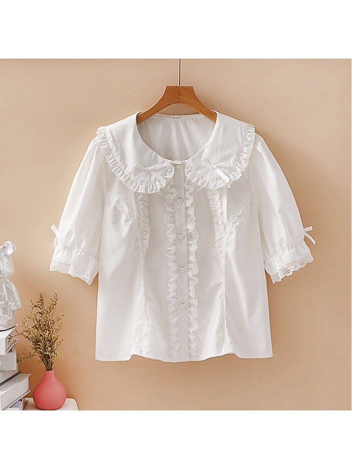 Plus Size White Black Pink Apricot Short Sleeve Lolita Peter Pan Blouse - Versatile girl