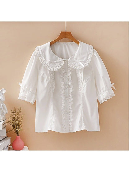 Plus Size White Black Pink Apricot Short Sleeve Lolita Peter Pan Blouse - Versatile girl