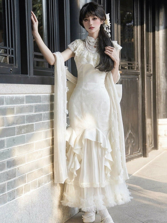 Set Lolita Qi Jacquard Illusion Full Collar Mermaid Qipao Neckline Dress Butterfly