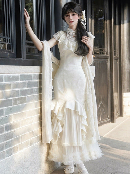 Beige Knitted Decorated Shawl Flowers