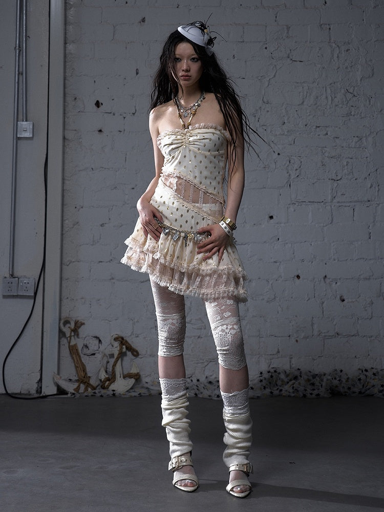 Beige/Black Neck Waist Polka-dot Vintage Halter Lace Patches