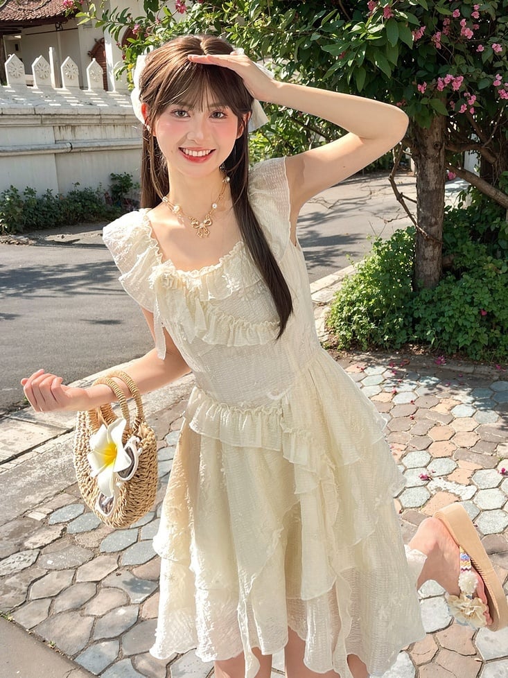 Tonal Beige Rüschen Ausschnitt Asymmetrische Urlaub Ärmelloses Kleid Saum Floral Stickerei