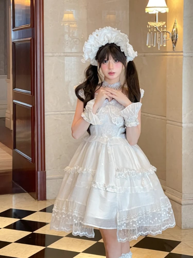 Lace Ruffled Trim Lolita JSK White Flutter Sleeves Butterfly Accent