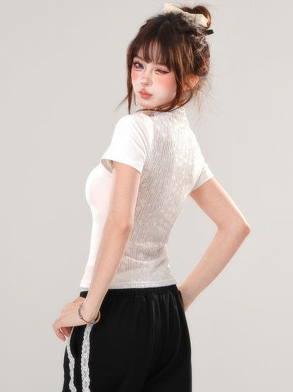 ブラック/ホワイト バタフライ モックネック Tシャツ 背中にレースパッチワーク