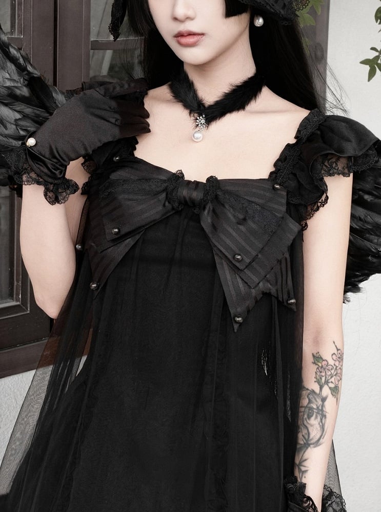 Black Lace Flutter Sleeve JSK with Pearl Bowknot - Kuroya