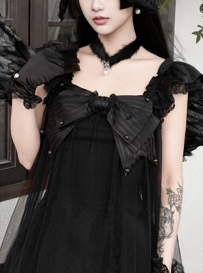 Black Lace Flutter Sleeve JSK with Pearl Bowknot - Kuroya