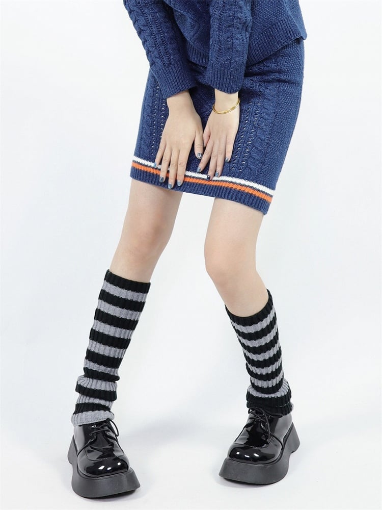 Gray 45cm Leg Warm Striped Knit Black Warmers