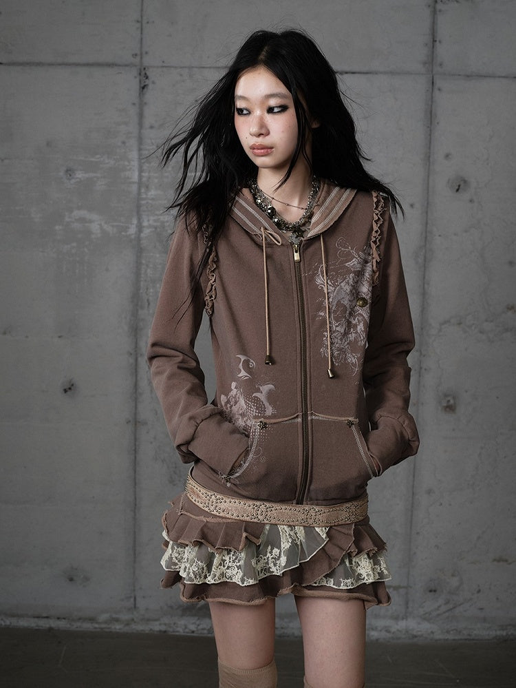 Lace Wasteland with Dress Khaki Hoodie Punk Y2K Tiered Detachable Trim Sleeves