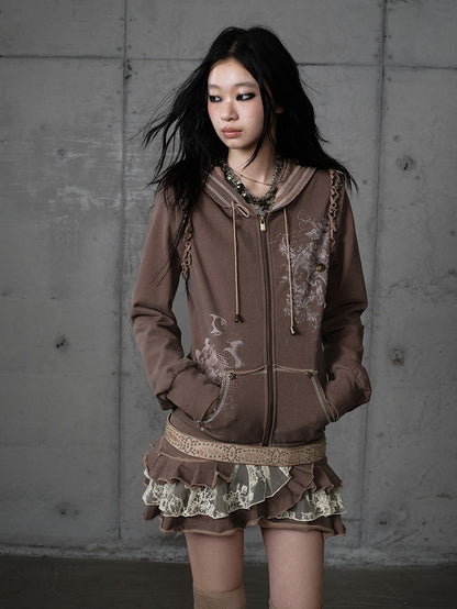 Lace Wasteland with Dress Khaki Hoodie Punk Y2K Tiered Detachable Trim Sleeves