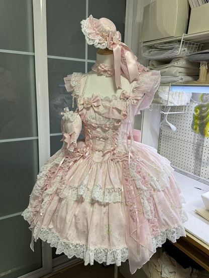 Pink Dress Princess and Jellyfish Lolita Button Jumper Blossom with Corset Accents Frog Print Pear Skirt