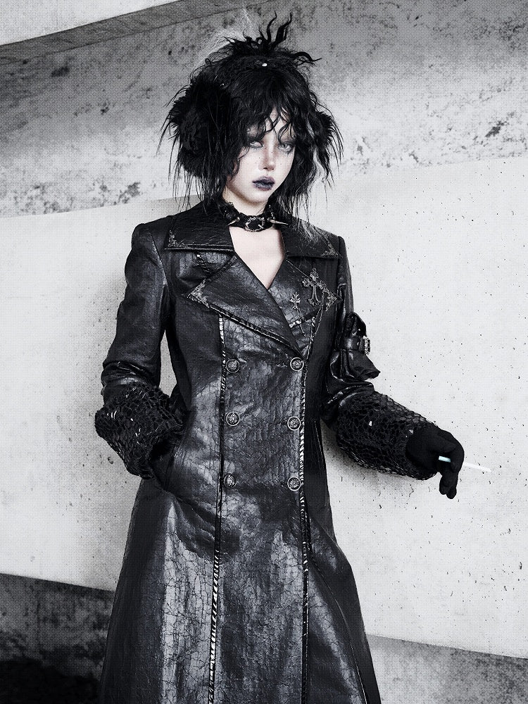 快適なフリース裏地付きブラックゴスクラックレザートレンチコート