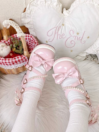 Shoes at - High Bow Platform Sweet PU Straps Lolita Top Beaded Block Decor Crisscross Heel Pink