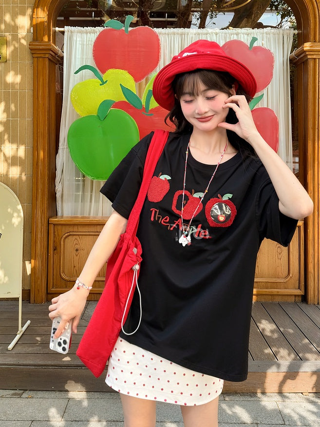 T-Shirt Apricot/Schwarz Rundhals Apfel Stickerei Locker