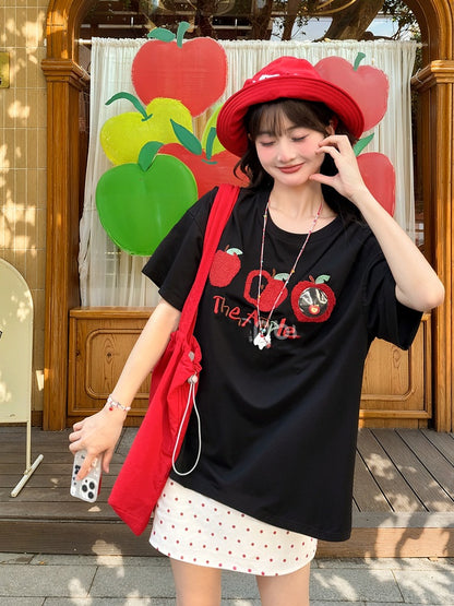 T-Shirt Apricot/Schwarz Rundhals Apfel Stickerei Locker