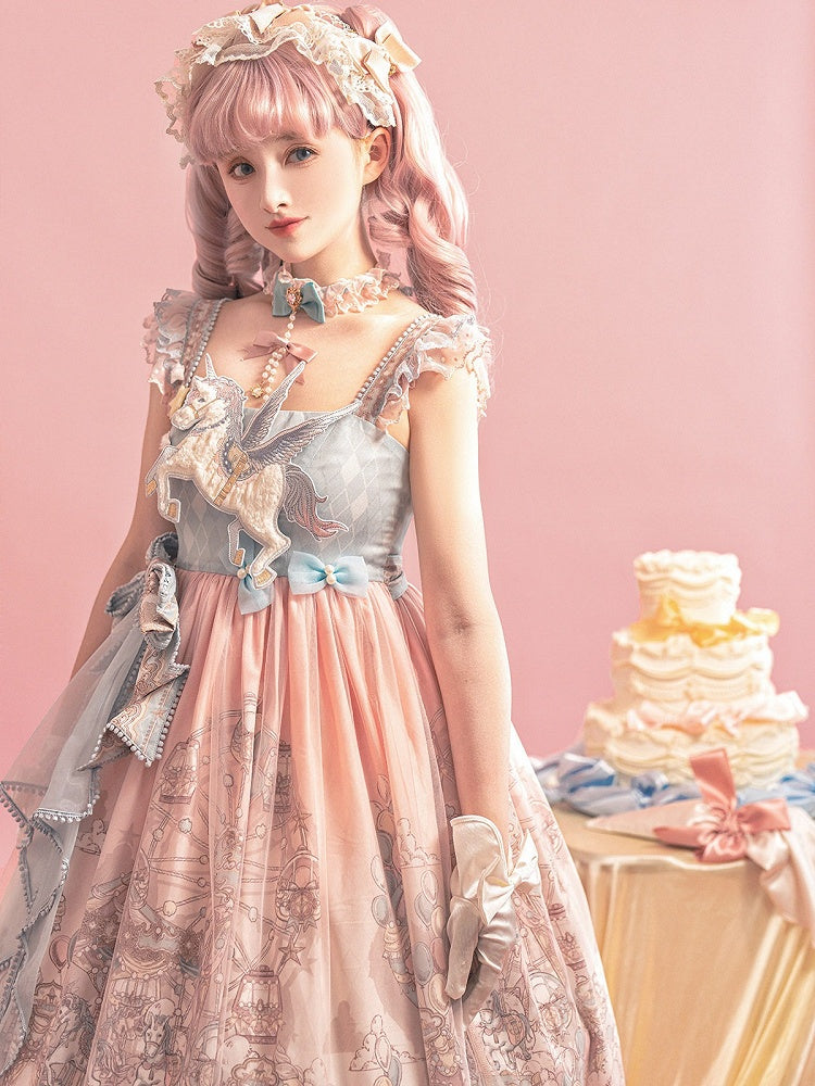 Amusement Park Themed Sleeveless Lolita Frock in Sweet Pink & Blue with Lace Choker - Xiong Dou Jiang