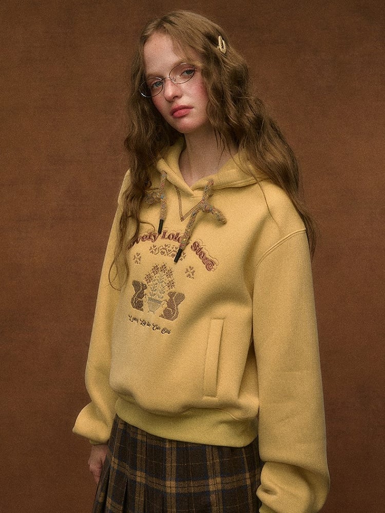 Style Preppy Squirrel Embroidery with Drawstring Hood Yellow Hoodie