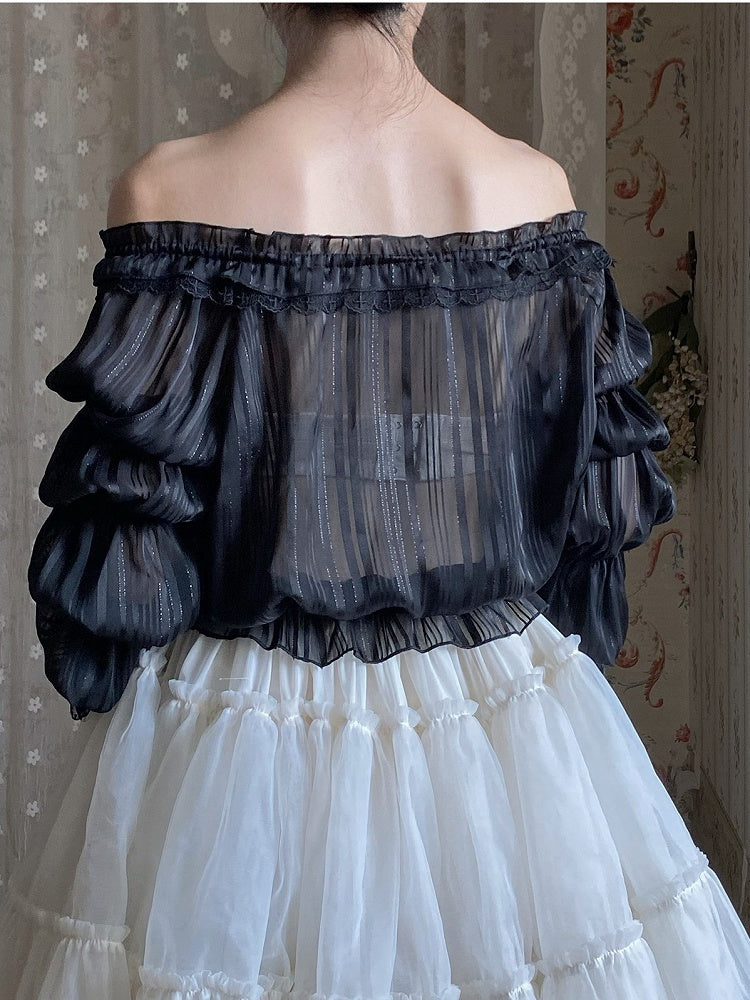 Neckline Sleeves Lolita Elegant Marie Off-the-shoulder Stripe Blouse Black
