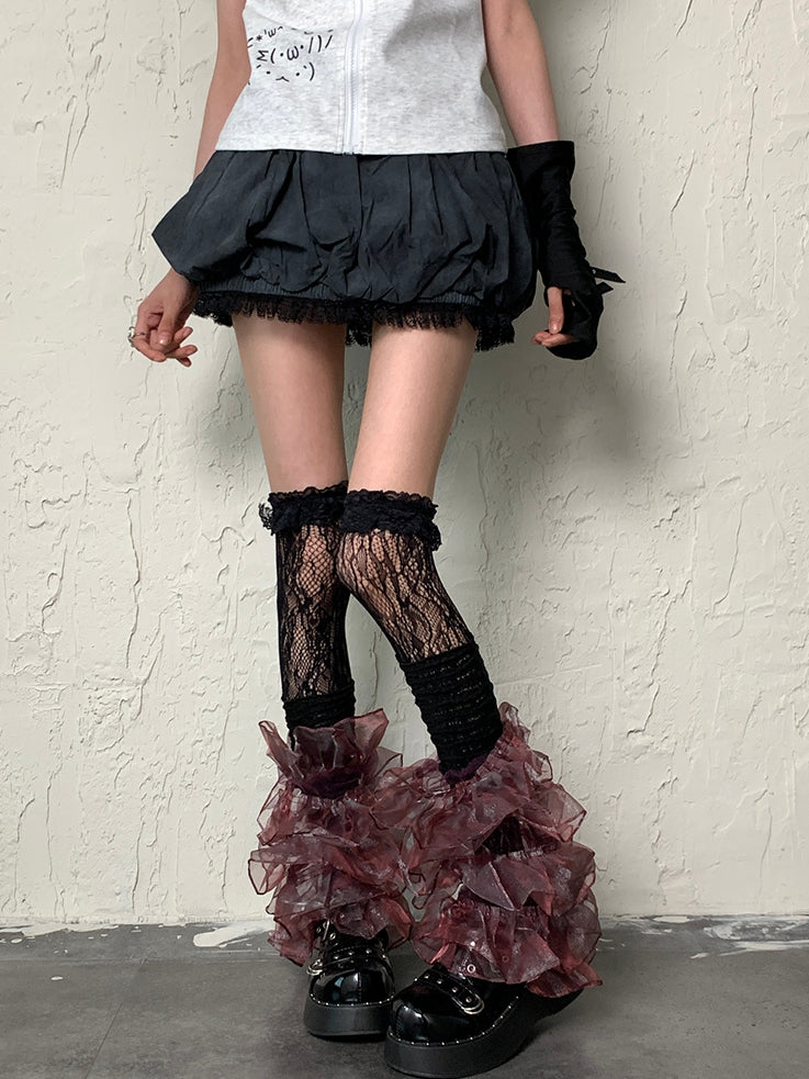 Y2K Lace Multi-layered BlackRed Sleeves Leg Trim
