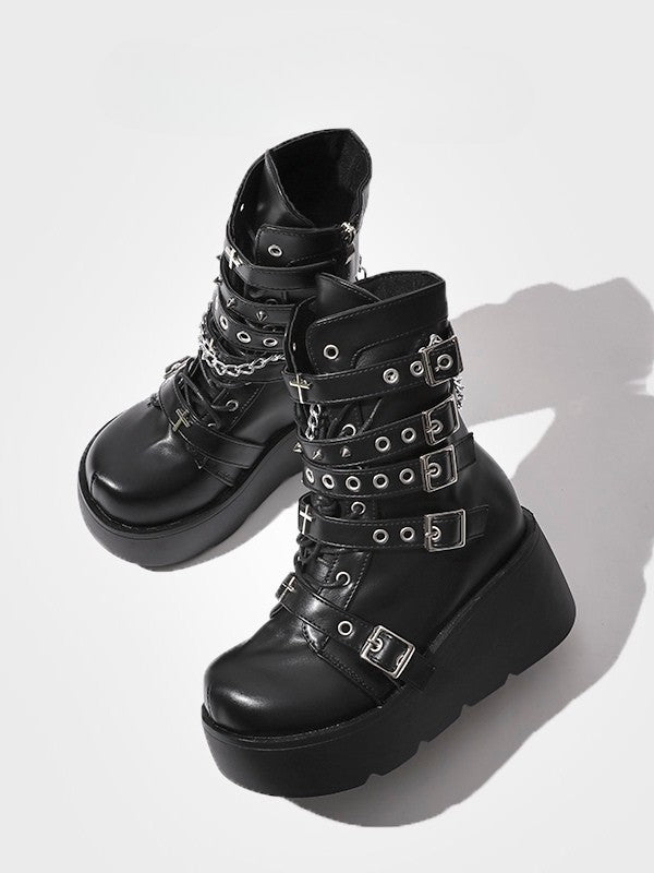 with Matte Gothic Platform Boots - Details Mid-Calf Black Charm Closure Buckle Lace-Up Cross and Chain