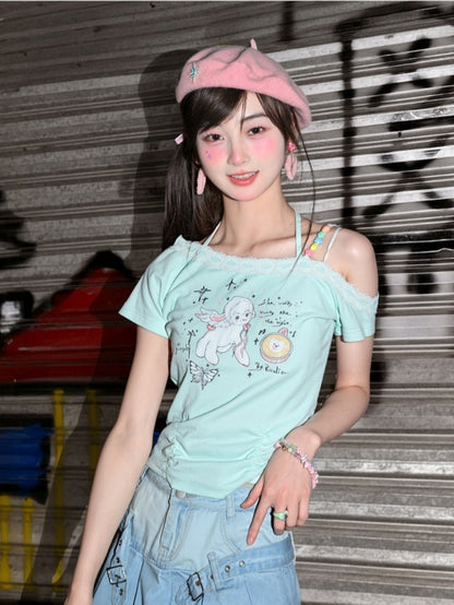 Y2K Adorable Lamb Print Mint Green Asymmetrical Neckline T-Shirt