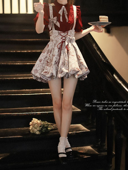 Wine Red Ruffle Neckline Blouse with Puff Sleeves and Pleating Details