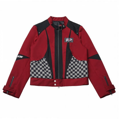 Futuristic Zipper Checked Red with Colorblock Black Jacket Inverted Techwear Motor