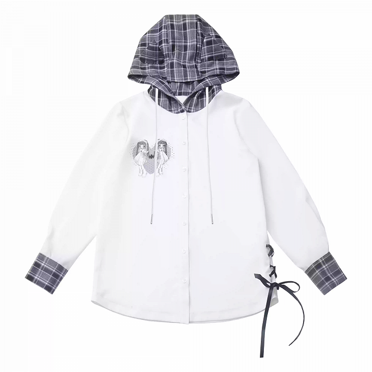 猫耳フードデザイン チェック柄サイドレースアップシフォンシャツ ホワイト