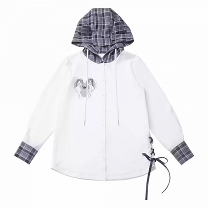 猫耳フードデザイン チェック柄サイドレースアップシフォンシャツ ホワイト