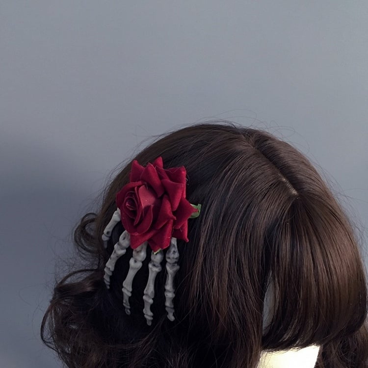 with Hairclip Skeleton Accent/Skeleton Rose Hand Red