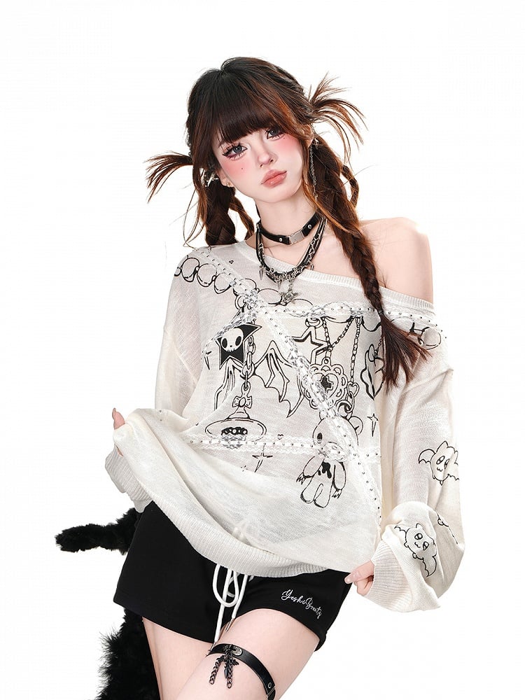 White Semi-sheer Asymmetrical Neckline Lace Applique Graphic Top