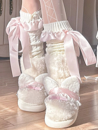 with Bow Shoes Plush Accents Sweet Off-white Lolita