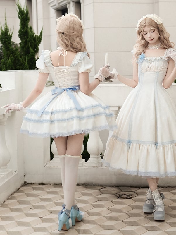 Light and Beige Dress Blue Lace Lolita Puff Square Trims Sleeves Short Neckline