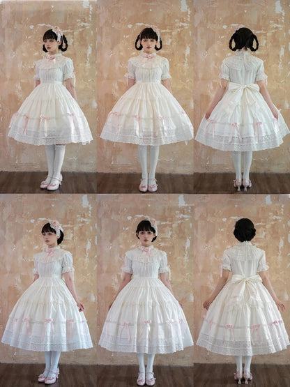 School Lolita Accents and OP Dress Pink Edward Old White Neck Cotton Bow Set