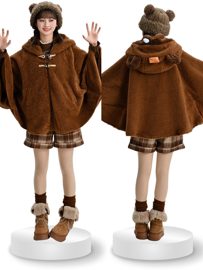 茶色のかわいいカピバラのフード付きジップ開閉フリースフード付きケープ