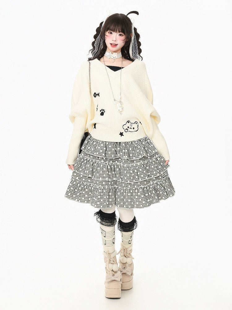 Apricot Two-Piece Look Batwing Sleeve Sweater with Kitten Themed Embroidery - Languid Park