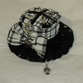 ミニチャーム スクープ柄 クラウン チェック柄 装飾 ブラックホワイト 帽子 蝶結び フォーク
